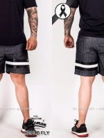 กางเกงขาสั้นยีนส์ Y210 B FLY สีเทาเข้ม แถบดำ สกรีนรูปแมลง