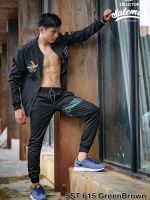 กางเกง JOGGER พรีเมี่ยม ผ้า COTTON 100% รหัส SST 615 GreenBrown สีดำ แถบเขียวน้ำตาล