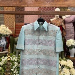 เสื้อสูทไหมแพรวา แขนสั้น สีฟ้ามิ้น ไซส์L รหัส DR-BM-05236825