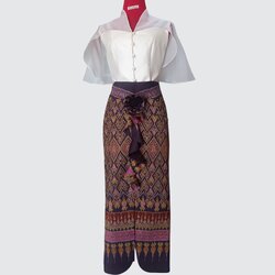 เสื้อแต่งไหมแก้ว สีขาวครีม+กระโปรงมัดหมี่เนื้อเรียบ ผ้าไหมแท้100% | ตัดเย็บตามรูปร่าง | เลือกผ้ามัดหมี่ ส่งไซส์ได้