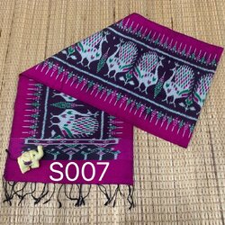 ผ้าพันคอไหม ไหมแท้ ยกดอกลูกแก้ว 6ตะกอ มีหน้านาง ชายครุย ขนาด 35x180ซม. ลายนกยูง พื้นสีม่วง L4E-AA-S007