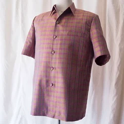 เสื้อซาฟารี คอปก แขนสั้น ผ้าไหมลายสก็อต เนื้อเรียบ สีน้ำตาลทองม่วง รหัส DK-CT-102649