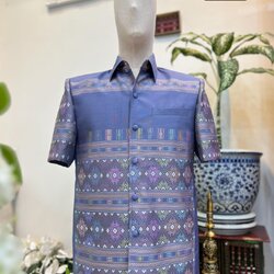 เสื้อสูทไหมแพรวา ลายเกาะ แขนสั้น พื้นสีฟ้าคราม เลือกไซส์ รหัส DR-BM-11026613263