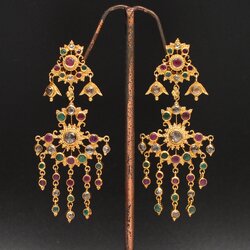 ER25055 ต่างหูพลอยระย้า 3 สี ทับทิม มรกต เพชรซีก ทองแท้ 90% นน.รวม 11 กรัม งานสวย