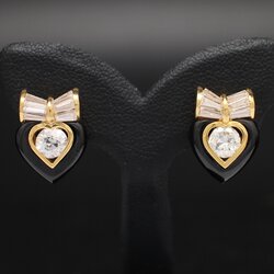 ER25016 ต่างหูเพชรโบว์หัวใจนิล เพชรก้นตัด 2 เม็ด 0.90 กะรัต ทองแท้ 90% นน.รวม 7.5 กรัม งานสวย