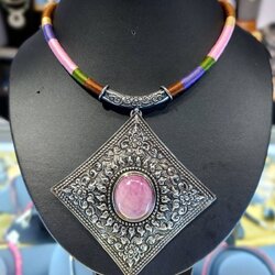 เครื่องประดับเงินแท้ สร้อยสายเส้นไหมพันจี้เงินทับทิม