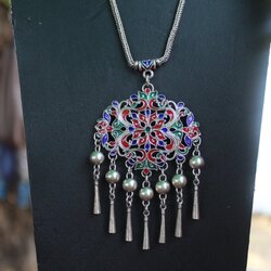 เครื่องประดับเงินแท้ สร้อยคอเงิน ลายระย้าลงยา ยาว 22 นิ้ว