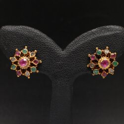 ER25136 ต่างหูพลอยสามสีทรงฉัตร ทับทิม มรกต เพชรซีก ทองแท้ 90% นน.รวม 2.8 กรัม