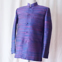 เสื้อสูทคอพระราชทาน แขนยาว ไหมลายริ้ว สีม่วง รหัส DM-CT-102846