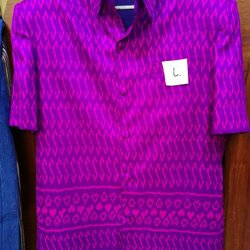 เสื้อซาฟารี คอปก ผ้าไหม พิมพ์ลาย เนื้อเรียบ ลายขอ ไซส์ L รอบอก44 สีม่วงชมพู รหัส DS-NY-0109671