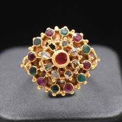 RG250413 แหวนพลอยสามสีทรงฉัตร ทับทิม มรกต เพชรซีก ทองแท้ 90% นน.รวม 4.4 กรัม ขนาดแหวน 57.5