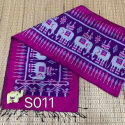 ผ้าพันคอไหม ไหมแท้ ยกดอกลูกแก้ว 6ตะกอ มีหน้านาง ชายครุย ขนาด 35x180ซม. ลายช้าง พื้นสีม่วง L4E-AA-S011