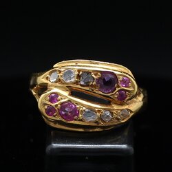 RG250007 แหวนงูคู่ประดับเพชรซีกกทับทิม ทองแท้ 90% นน. 4.5 กรัม ไซต์ 57