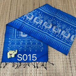 ผ้าพันคอไหม ไหมแท้ ยกดอกลูกแก้ว 6ตะกอ มีหน้านาง ชายครุย ขนาด 35x180ซม. ลายช้าง สีฟ้า L4E-AA-S015