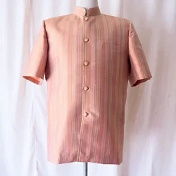 เสื้อสูทคอพระราชทาน แขนสั้น ผ้าไหมลายริ้ว ไหมแท้ Size L รหัส DK-CT-103021