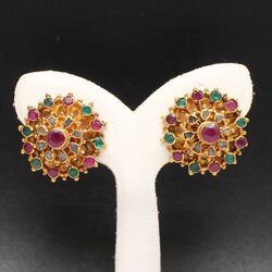 ER25381 ต่างหูสามสีทรงฉัตร ทับทิม มรกต เพชรซีก ทองแท้ 90% นน.รวม 5.7 กรัม