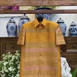 เสื้อสูทไหมแพรวา แขนสั้น พื้นสีเหลืองฟักทอง เลือกไซส์ รหัส DR-BM092966110017