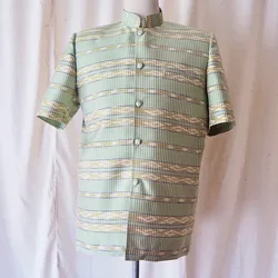 เสื้อสูทไหม คอพระราชทาน แขนสั้น ผ้าไหมมัดหมี่ สีเขียวมิ้น รหัส DRH-CT-103016