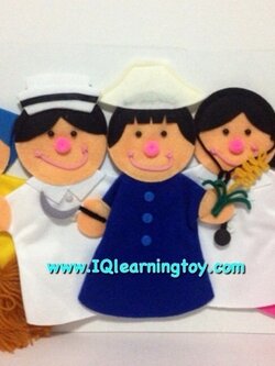 หุ่นมือ-ตุ๊กตาหุ่นมือ อาชีพต่างๆชุด 1งานหุ่นมือจากผ้าสักหลาด เพื่อเรียนรู้เรื่องอาชีพต่างๆในสังคม ได้แก่อาชีพ แพทย์ พยาบาล ครู แม่บ้าน ชาวนา ส่งฟรี