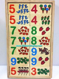 โดมิโนตัวเลข ต่อกับภาพจำนวนนับของสิ่งต่างๆ ได้เรียนรู้ จดจำ และเข้าใจความสัมพันธ์ของภาพ ได้เรียงลำดับความคิด ฝึกกล้ามเนื้อมือ ฝึกสมาธิ