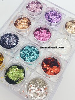 กลิตเตอร์แต่งเล็บ ทรง6เหลี่ยม 1ชุด/12กระปุก