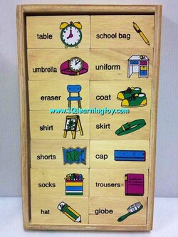 โดมิโนภาพเครื่องใช้นักเรียนต่างๆ เพื่อให้เด็กได้เรียนรู้ จดจำ และเข้าใจความสัมพันธ์ของภาพและคำศัพท์ ฝึกกล้ามเนื้อมือกับสายตา ฝึกสมาธิ ส่งฟรี