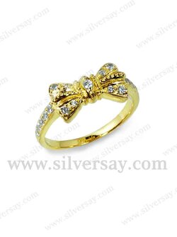 แหวนโบว์ริบบิ้นฝังเพชรสวิส สลักชื่อ "Parida" ด้านในวง เงินแท้ 925 ชุบทองคำ22k