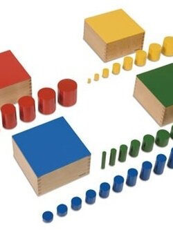 มอนเตสซอรี่ - ชุดทรงกระบอกไม่มีจุก 4 ชุด 4 สีแต่ละชุดประกอบด้วยทรงกระบอกขนาดต่างกัน 10 ชิ้นเพื่อพัฒนาประสาทรับรู้ด้านการมองเห็นในมิติต่างๆ 2.5+