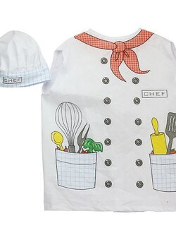 ชุดเชฟ ชุดChef สีขาว แบบผ้าพิมพ์ลาย ใช้ได้ทั้งเด็กชายและเด็กหญิง (เสื้อสีขาว+หมวก ) ขนาดฟรีไซด์ ส่งฟรี