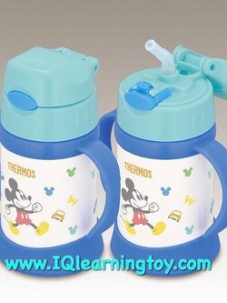 Thermos ถ้วยหัดดื่มพร้อมเก็บความเย็นเทอมอส มาพร้อมหลอดดูดและหูจับ สีฟ้าลายมิคกี้ ส่งฟรี