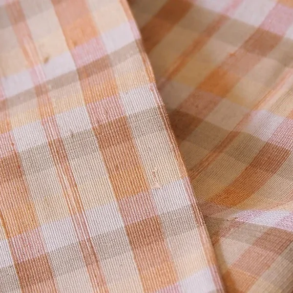 Naturally Dyed Silk Plaid, Textured Ribbed Weave, Brick Brown and Cream