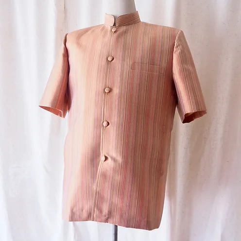 เสื้อสูทคอพระราชทาน แขนสั้น ผ้าไหมลายริ้ว ไหมแท้ Size L รหัส DK-CT-103021